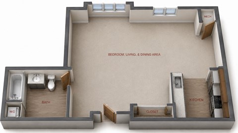 Floor plan for studio, 1 bath, 535 sqft